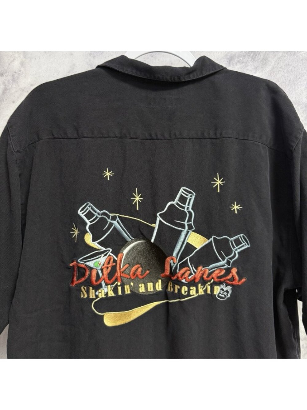Mike Ditka Lanes Embroidered Button Up Silk Shirt Mens Large Short Sleeve Black